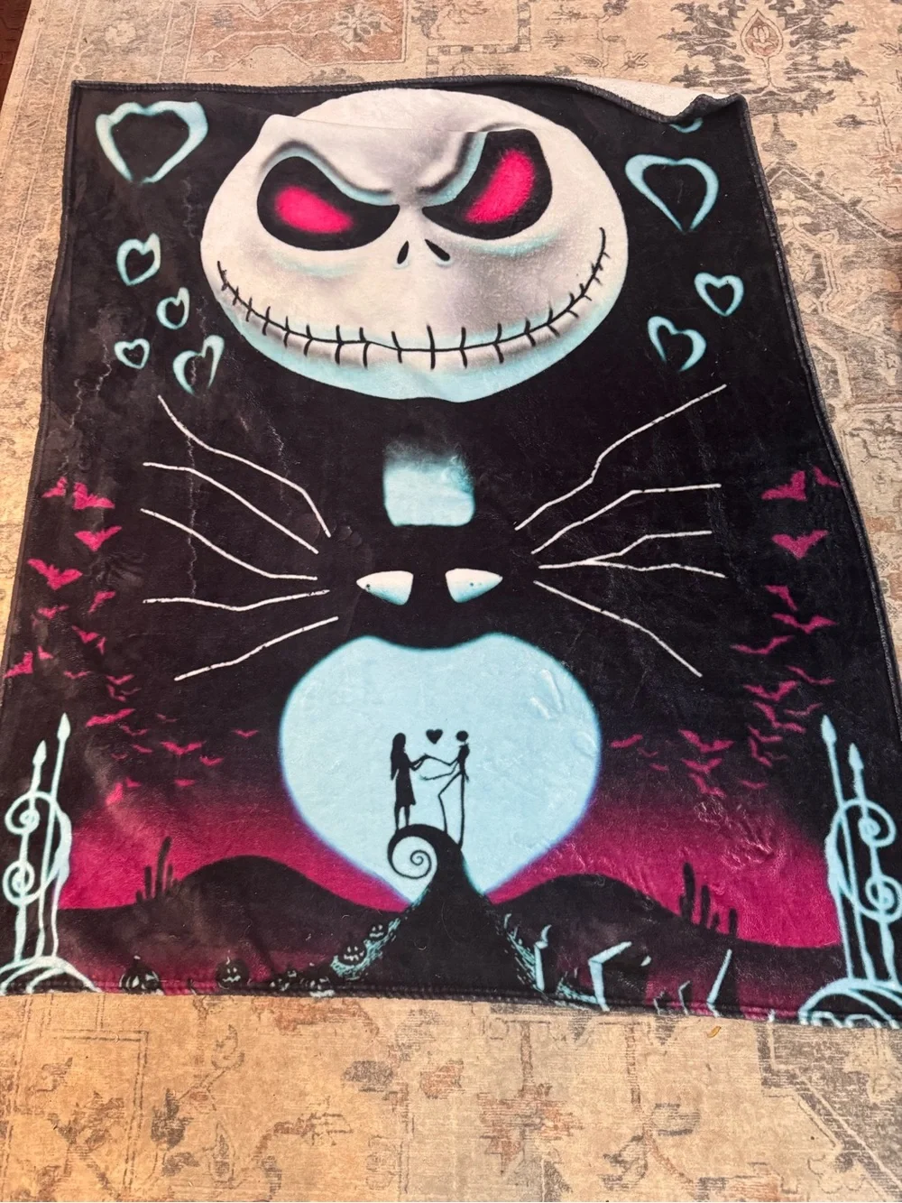 Nightmare Before Christmas Black Plush Throw with Pink and Light Blue